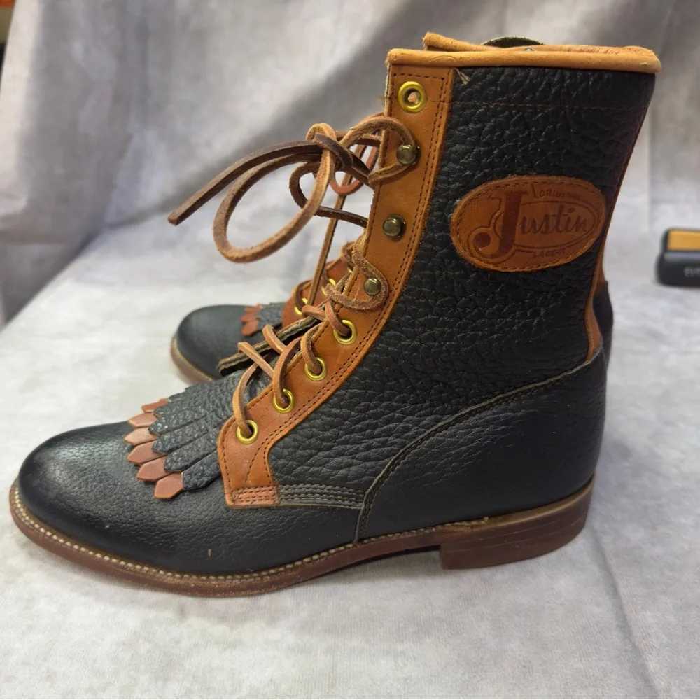 Vintage Justin Kiltie Fringe Lace Up Boots black and brown leather Size 6.5 - Picture 4 of 6